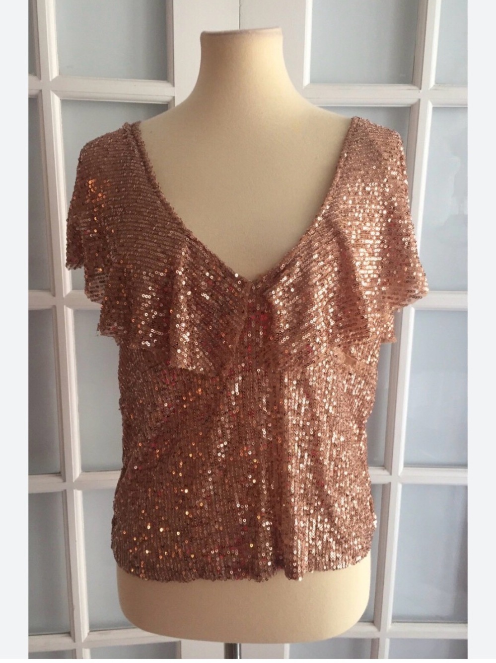 Zara rose gold all over sequin ruffle blouse
